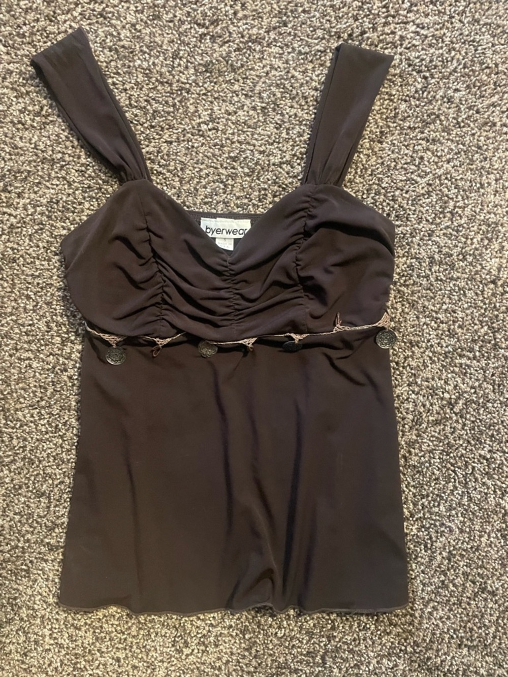 Brown Ruched Tank Top with Decorative Trim
